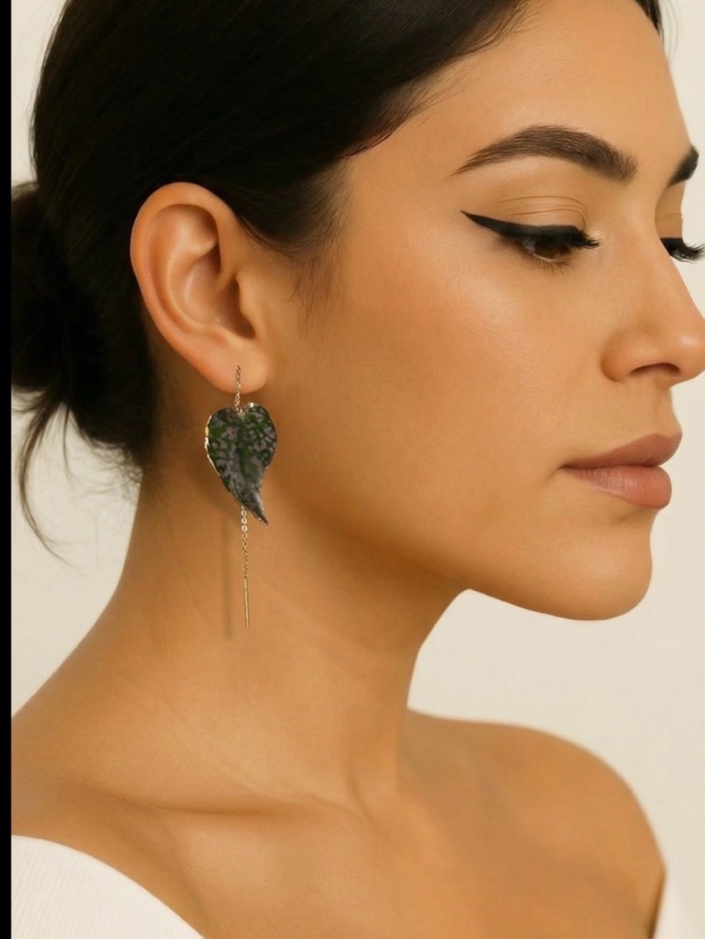 Gold Chain Drop Earrings with Green Stone Leaf